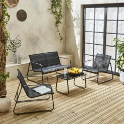 Salon De Jardin En Métal Et Textilène Pour 4 Personnes. Gris Foncé Et Noir. Design 10 Salon De Jardin En Métal Et Textilène Pour 4 Personnes. Gris Foncé Et Noir. Design -Promos Le Jardin Vivant Magasin 644675be970662.01262420