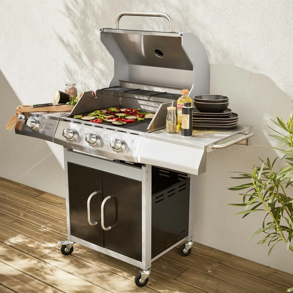 Barbecue Gaz Inox 14kw - Richelieu Noir - Barbecue 4 Brûleurs Dont 1 Feu Latéral. Côté Grill Et Côté Plancha 4 Barbecue Gaz Inox 14kw - Richelieu Noir - Barbecue 4 Brûleurs Dont 1 Feu Latéral. Côté Grill Et Côté Plancha – Image 2