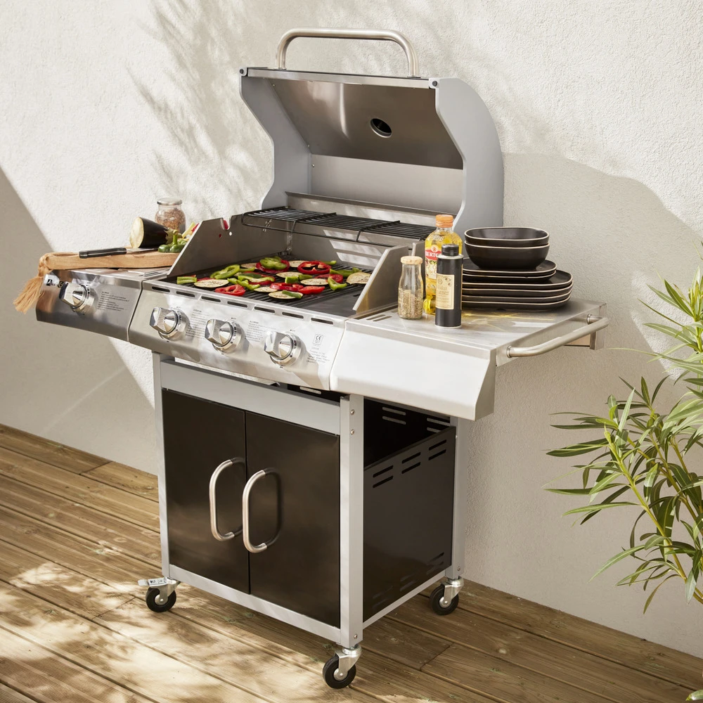 Barbecue Gaz Inox 14kw - Richelieu Noir - Barbecue 4 Brûleurs Dont 1 Feu Latéral. Côté Grill Et Côté Plancha 3 Barbecue Gaz Inox 14kw - Richelieu Noir - Barbecue 4 Brûleurs Dont 1 Feu Latéral. Côté Grill Et Côté Plancha