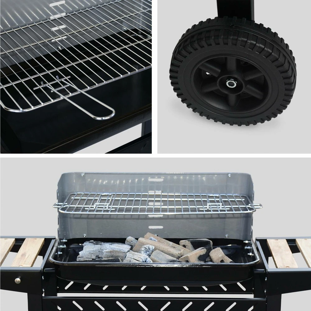 Barbecue Au Charbon - Alfred - Noir Et Gris. Hauteur De Grille Ajustable. Cuve émaillée. Tablettes En Bois. Étagère Et Crochets 7 Barbecue Au Charbon - Alfred - Noir Et Gris. Hauteur De Grille Ajustable. Cuve émaillée. Tablettes En Bois. Étagère Et Crochets – Image 5