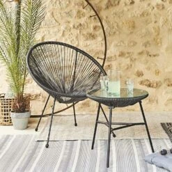 Fauteuil Acapulco Forme D'oeuf - Noir - Fauteuil 4 Pieds Design Rétro. Cordage Plastique. Intérieur / Extérieur -Promos Le Jardin Vivant Magasin 64467b047dc2d1.30561292