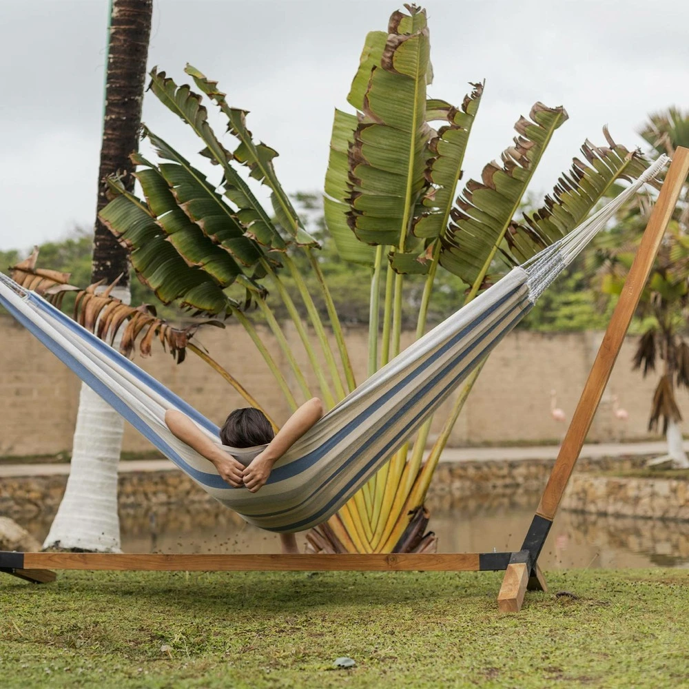 Toile De Hamac Rayée - Bleu Turquoise / Gris Clair / écru. 1 Personne. 100% Polycoton. 240x160cm 4 Toile De Hamac Rayée - Bleu Turquoise / Gris Clair / écru. 1 Personne. 100% Polycoton. 240x160cm – Image 2