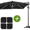 Parasol Jardin Déporté Led Alu "sun 3 Luxe" - Carré - 3 X 3 M - Coloris Noir - Dalles Lestées Incluses