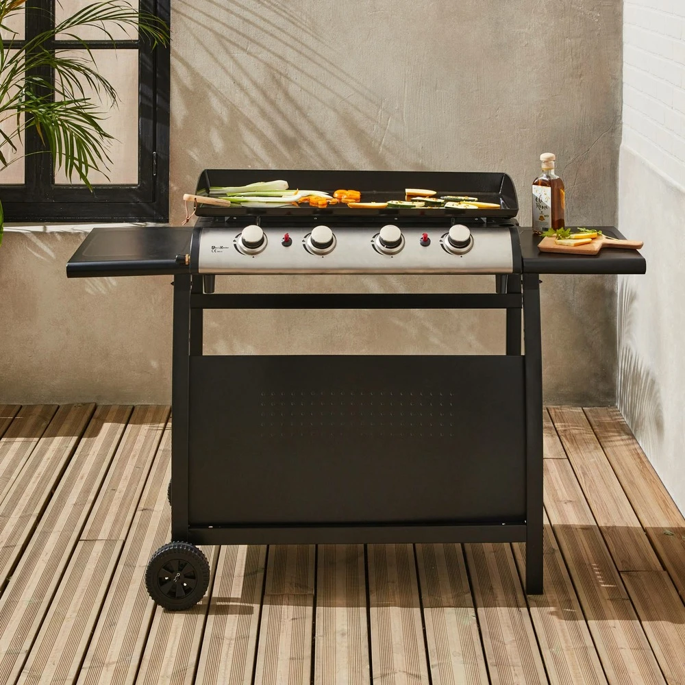 Plancha Au Gaz 4 Brûleurs Sur Chariot - Porthos - 10kw. Plancha à Gaz Avec Desserte . Cuisine Extérieure. Plaque émaillée. Inox. 4 Plancha Au Gaz 4 Brûleurs Sur Chariot - Porthos - 10kw. Plancha à Gaz Avec Desserte . Cuisine Extérieure. Plaque émaillée. Inox. – Image 2