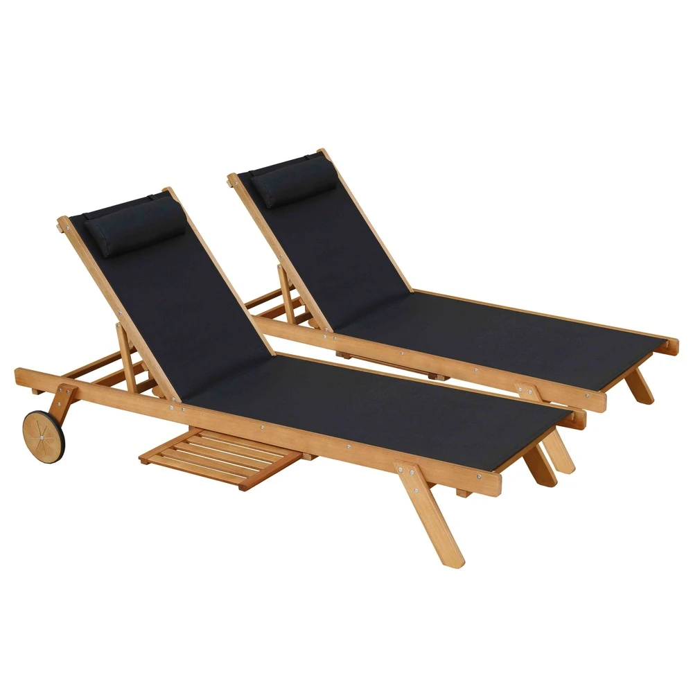 Lot De 2 Bains De Soleil Avec Coussin Et Tablette En Bois Noir 3 Lot De 2 Bains De Soleil Avec Coussin Et Tablette En Bois Noir